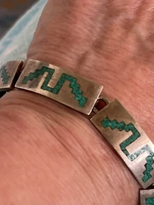 Native American Inlaid Sterling Silver Turquoise Bracelet Aztec Design 7” - Picture 1 of 9