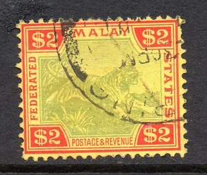 Föderierte Malaiische Staaten. 1934. Grün & Rot auf Gelb. SG Nr. 79.  2 Dollar. Gebraucht - Bild 1 von 2