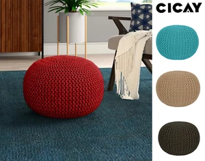 Large Knitted Pouffe Footstool- Handmade Ottoman 100% Cotton Chunky Round Footst - Picture 1 of 17