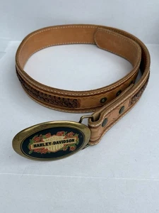 RARE 1983 HARLEY DAVIDSON BARON BRASS BELT  BUCKLE HAND TOOLED BELT Size32👀LQQK - Picture 1 of 13