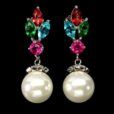 925 Sterling Silver Earrings Marquise Topaz Mother Of Pearl Gemstone Jewelry - Image 1 of 4