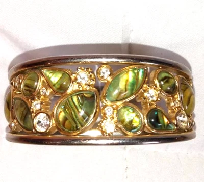 Brazalete brazalete brazalete con bisagras tono dorado y plateado concha de abulón pedrería Foto 1 de 4