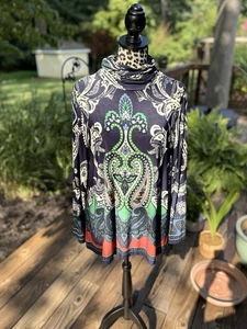 Susan Graver Womens Top Liquid Knit Ruched Turtleneck Large Blue Paisley Stretch - Picture 1 of 7