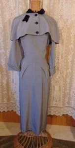 50s BLUE FAILLE & VELVET WIGGLE DRESS & MATCHING SHORT COWL CAPE 26W - Picture 1 of 12