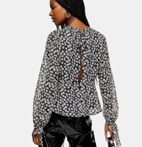 Blusa para mujer Topshop talla 6 blanca y negra con estampado floral manga corbata espalda abierta - Imagen 1 de 10