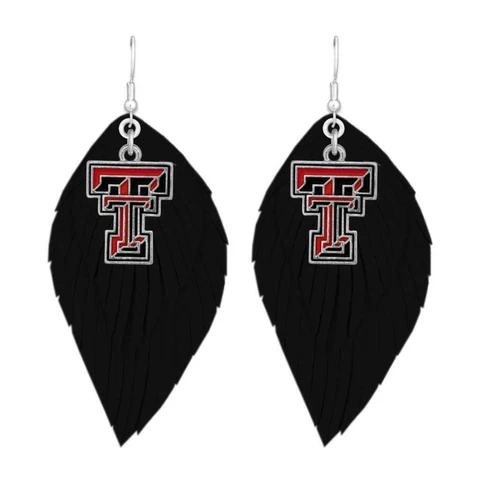 Texas Tech Red Raiders Black Boho Leather Feather Wire Earrings Jewelry TTU Cover
