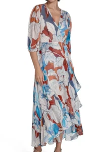 NWT Calvin Klein 3/4-Sleeve Chiffon Wrap Dress Antique White Floral Sz 8 - Picture 1 of 10