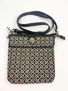 Tommy Hilfiger Womens Crossbody Purse Bag Black/Beige T Monogram Print Logo - Picture 1 of 11