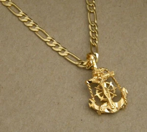 Set Charm Donna 20in Figaro Catena e Piccola Ancora Cristo Placcato Oro Giallo Nuovo - Foto 1 di 4