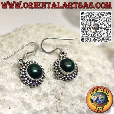Orecchini in argento  925 ‰ con Malachite tonda Incastonata contornato da sfere - Immagine 1 di 4