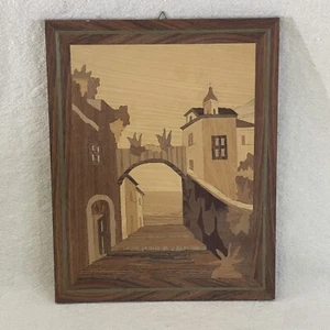 Vintage Handarbeit 70er Intarsien Original Holz Intarsien Italienische Villa Kirche Wandbild - Bild 1 von 8