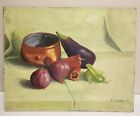 Vtg. '71 Oil Painting Still Life Arrangement Eggplant Peppers Garlic Brass Bowl 