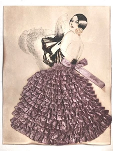 DAMA ESPAÑOLA ART DÉCO. Arte de cinta. Volantes. Vestido lavanda sin espalda. 11 x 14 - Imagen 1 de 7