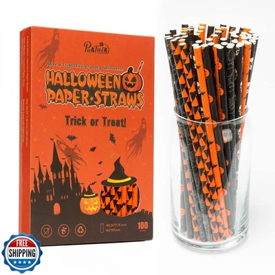 PakTalk Halloween Straws, 6 Mixed Style Orange Black and White Halloween Pape - Image 1 of 4