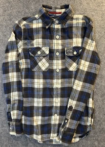 Superdry Shirt Mens Small Blue Brushed Plaid Flannel Cotton Logo Button Up - Picture 1 of 10