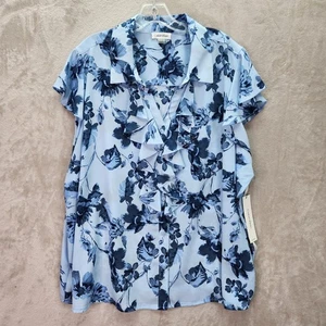 Calvin Klein Blouse Womens Plus 3X Blue Floral Ruffle Short Sleeve Top Career - Picture 1 of 7