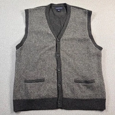 Lands End Men Wool Herringbone V Neck Button Front Vest L Gray Pockets Teacher - Image 1 of 4