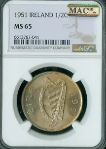1951 IRELAND  HALF CROWN NGC MS65 PQ 2ND FINEST GRADE MAC SPOTLESS * - Picture 1 of 2