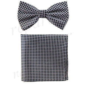 New Men's Pre-tied Bow tie & hankie set black plaids & checkers formal wedding - Picture 1 of 4
