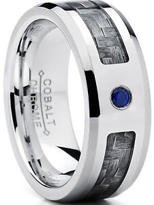 Cobalt Men's Wedding Band Gray Carbon Fiber Inlay 0.05 Carat Blue Sapphire