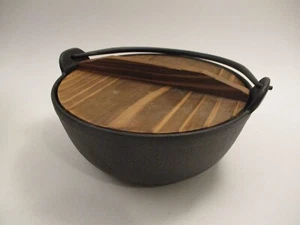 Vintage Japanese Oigen Nambu Ironware 7" Cast Iron Bowl Round Nabe Pot Wood Lid - Picture 1 of 5