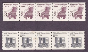 US #2252 Conestoga-Plate 1+#2253 Milk Wagon-Plate 1, 2 Plate Number Strips of 5 - Picture 1 of 3