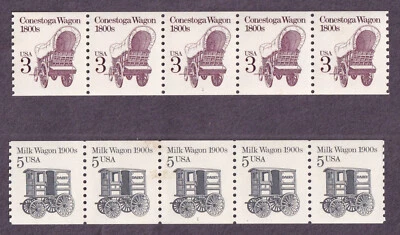 US #2252 Conestoga-Plate 1+#2253 Milk Wagon-Plate 1, 2 Plate Number Strips of 5 - Image 1 of 3