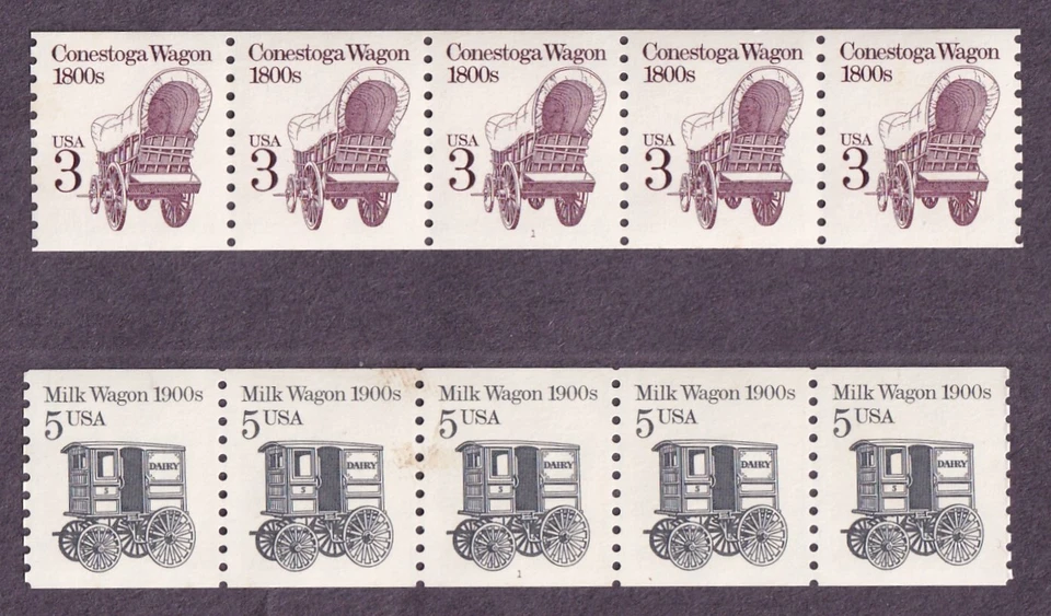 US #2252 Conestoga-Plate 1+#2253 Milk Wagon-Plate 1, 2 Plate Number Strips of 5 - Image 1 of 3