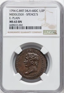 Great Britain - 1794 Middlesex - Spence's 1/2 Penny Token - NGC MS63 BN - SUPERB - Picture 1 of 2