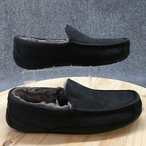 UGG Slippers Mens 12 Ascot Matte Moccasin Black Leather Sheepskin Flat 1103889