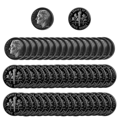 2001 S Roosevelt Dime 10c Gem Proof CN-Clad Roll 50 US coins Cover