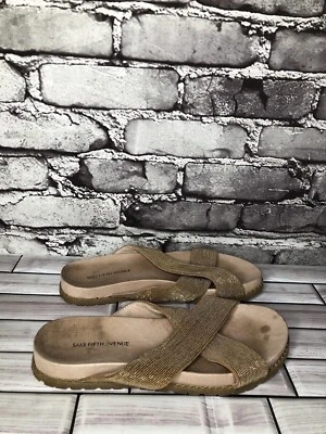 Saks Fifth Avenue Tan Gold Beaded Slide Leather Casual Sandals Women Sz 6US/37EU - Image 1 of 4