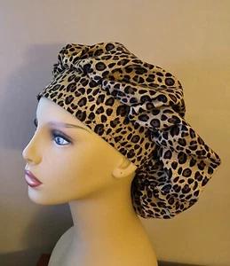 Cheetah Bouffant or surgical scrub cap hat women made with Leopard Fabric - Picture 1 of 4