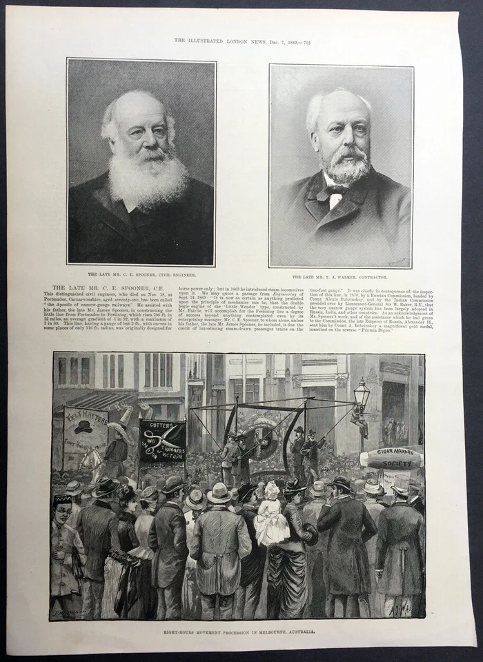 1889 Illustrated London News impresión antigua Melbourne 8 horas día laborable marzo Foto 1 de 1