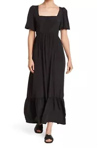 Socialite Black Ribbed Tiered Puff Sleeve Midi Dress Tie Back Size M Classic - Picture 1 of 6