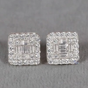 Round And Baguette Cut Moissanite Diamond Earrings In 14KT White Gold - Picture 1 of 4