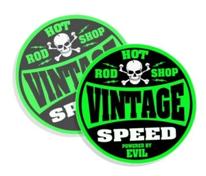 Vintage Speed Powered By Evil Hot Rod Garage Toolbox Decals GREEN 4-pack  2"  - Picture 1 of 2