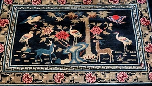 Antique Chinese Tibetan Hand Knotted Wool 4' x 7' Birds Animals Oriental Rug - Picture 1 of 19