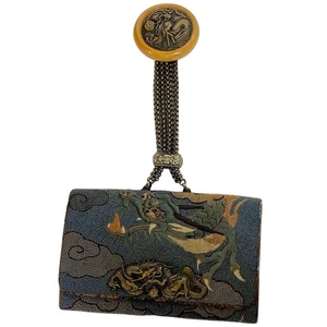 Antigua bolsa japonesa Meiji brocado de seda/metal mezclado tabaco bolsa Sagemono Obi - Imagen 1 de 8