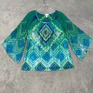Chicos Shirt Womens Medium Green Blue Diamond Pullover Boho Casual Beaded Top - Picture 1 of 10