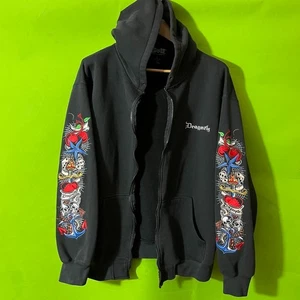 Felpa con cappuccio XL Y2K nera dadi libellula fiamma ricamata tatuaggio manica LEGGI - Foto 1 di 5