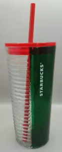 Starbucks Holiday 2021 Ribbed Clear Flat Green Glass Tumbler W/ Red Lid & Straw - Picture 1 of 3