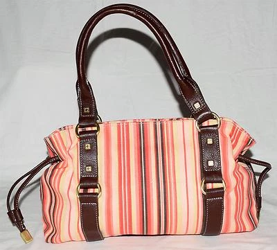 Kenneth Cole Reaction Pink Red Striped Cotton & Brown Leather Shoulder Bag  - Image 1 of 4