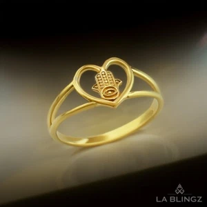 Dainty Gold Hamsa Heart Ring for Women, 10K/14K, Yellow, White, Rose Gold - Picture 1 of 11