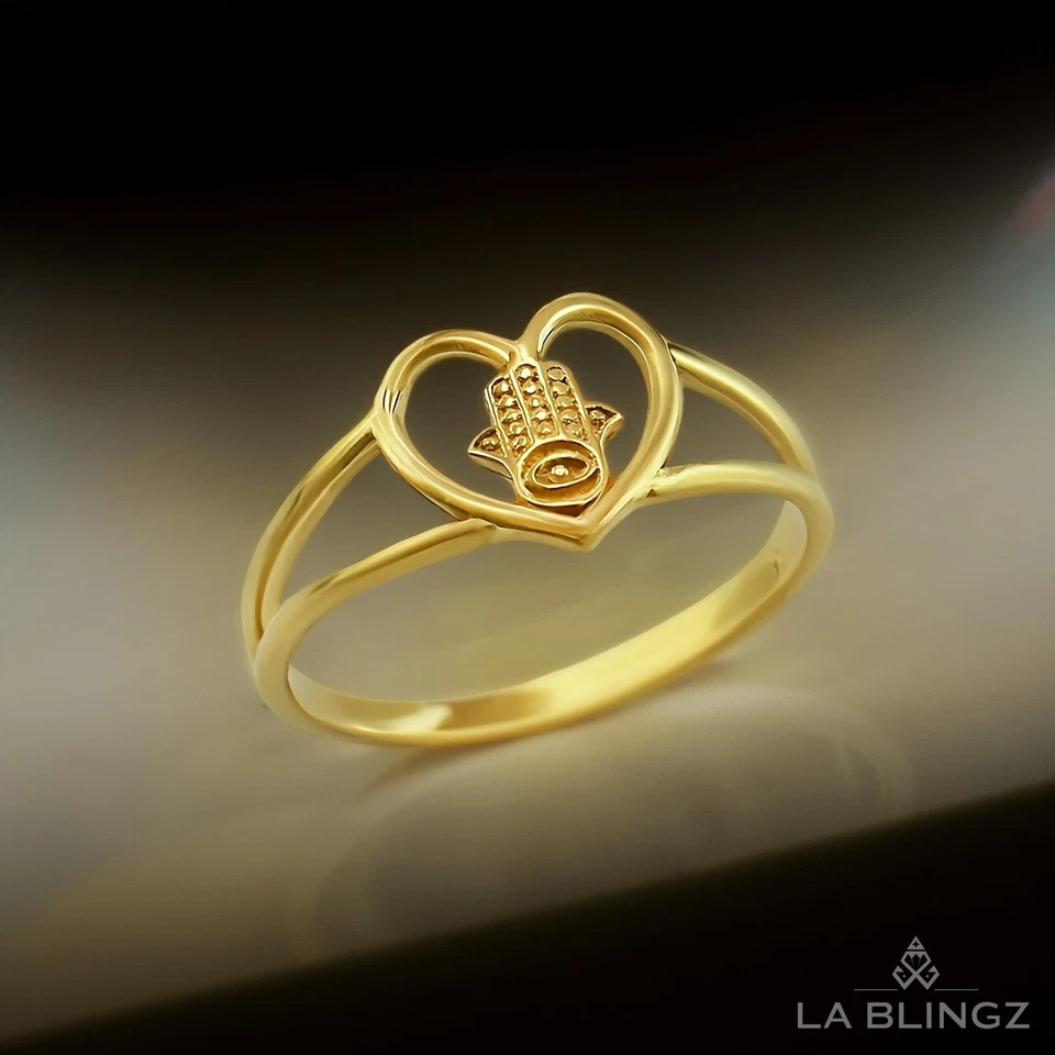 Dainty Gold Hamsa女式心形戒指,10K/14K,黄色、白色、玫瑰金 — 第 1/4 张图片