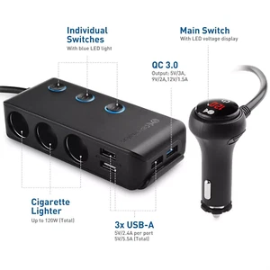 Adapter samochodowy KfZ 3-krotny rozdzielacz zapalniczki z 4 gniazdkami USB 12V 24V - Zdjęcie 1 z 13