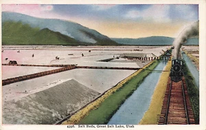 TRAIN PASSING BY SALT BEDS GREAT SALT LAKE UT UTAH VINTAGE POSTCARD 112023 S - Picture 1 of 2