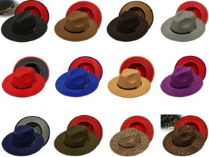 Fedora Hats w Gold Chain Belt Band Men Women Unisex Felt Panama Tow Tones Hats - Picture 1 of 23