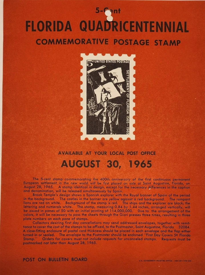 US STAMP POSTER #1271 5¢ FLORIDA QUADRICENTENNIAL COMMEMORATIVE STAMP, 1965 - Image 1 of 1