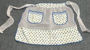 Vtg Fabric Hand Sewn Apron Blue & pin Flowers 2 Pockets Taffeta, Lace and Cotton - Picture 1 of 6